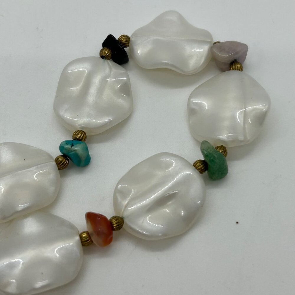 Vintage Acrylic Beaded Necklace Earrings White With Colorful Accents Plastic Set - Picture 4 of 11